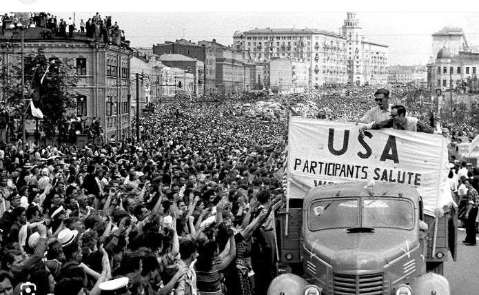 USA Participants Salute World Youth Festival. On the way to meet Chou En-Lai.